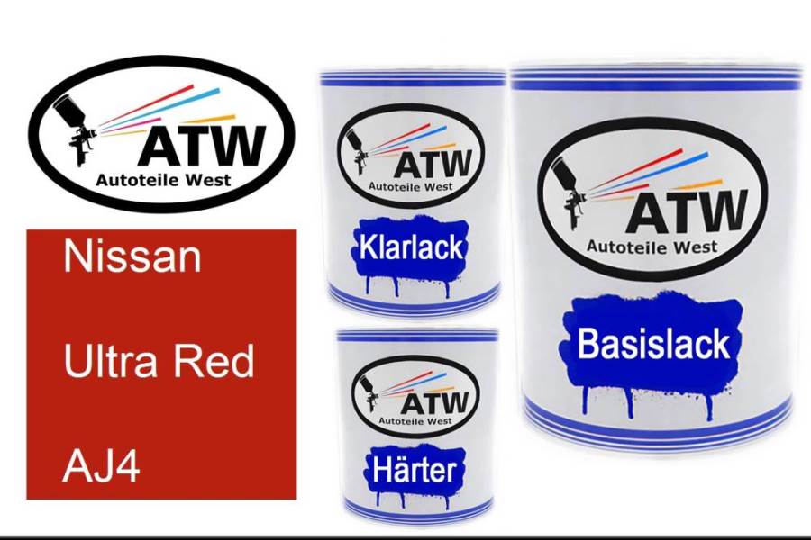 Nissan, Ultra Red, AJ4: 1L Lackdose + 1L Klarlack + 500ml Härter - Set, von ATW Autoteile West.